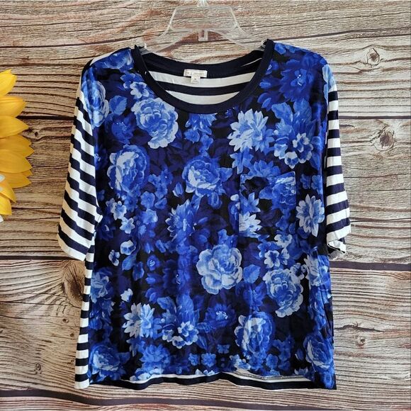 Gap mid Sleeve top Women's medium blue floral/ black & white striped preo-owned - Picture 1 of 6